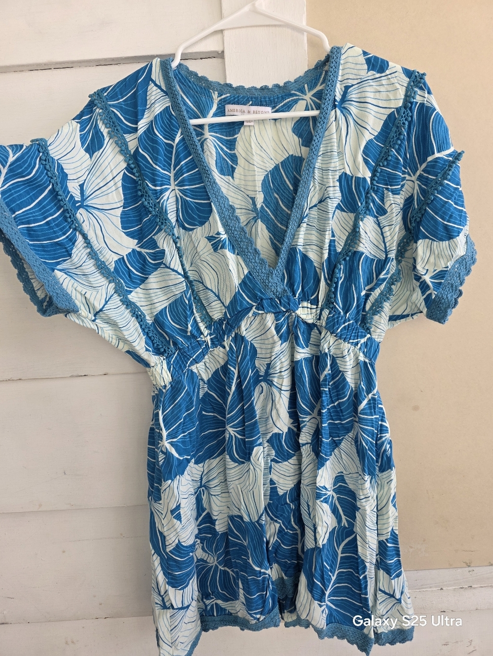 Blue Floral V-Neck Blouse with Crochet Trim